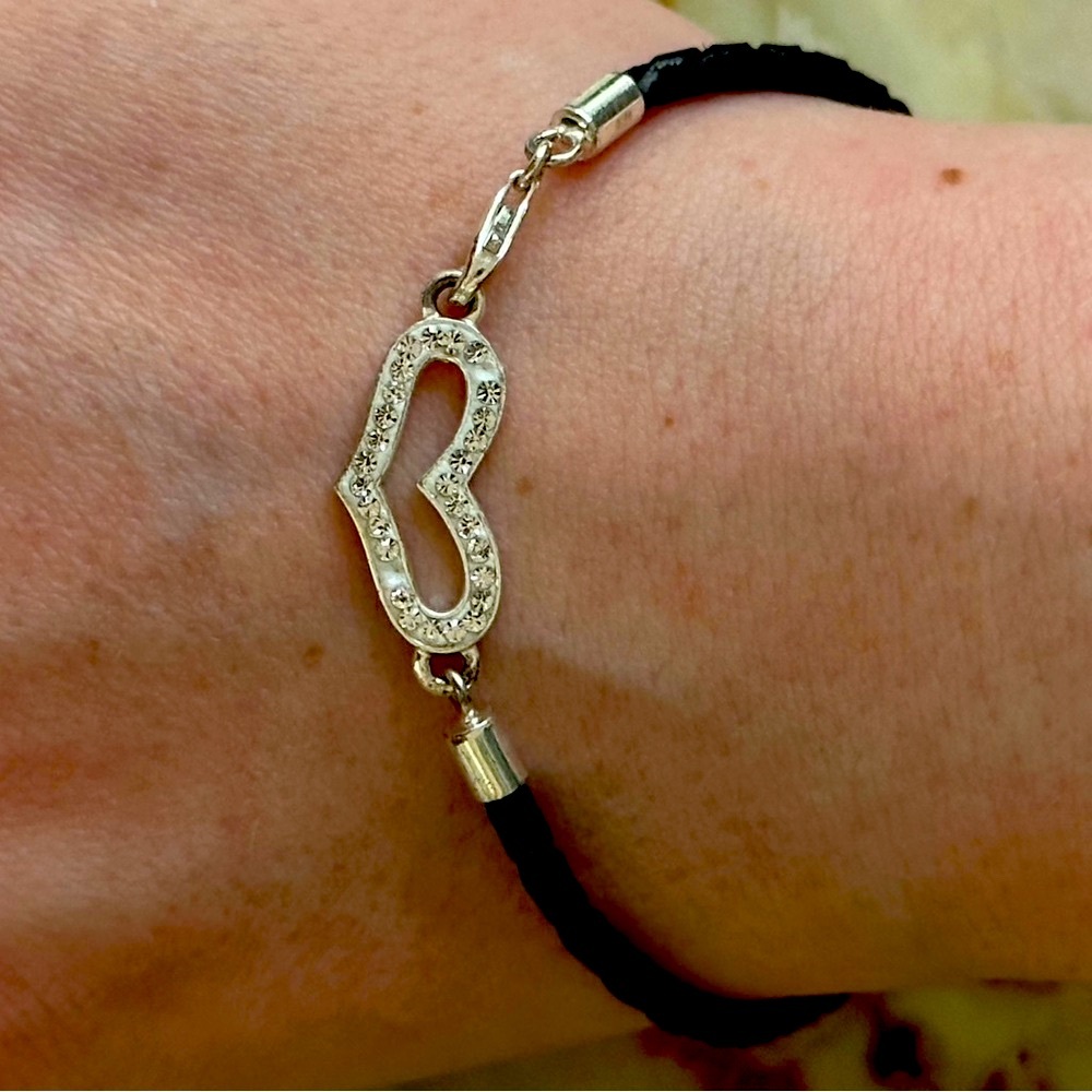 925 silver leather Modern Silver and Black Heart Charm Bracelet
